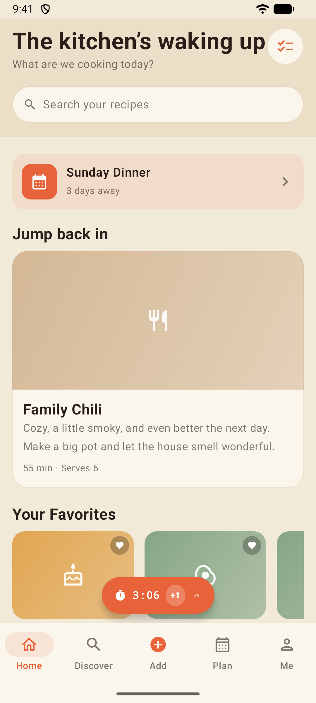 Home tab with the greeting, search field, Sunday Dinner meal-plan card, and recipe lanes