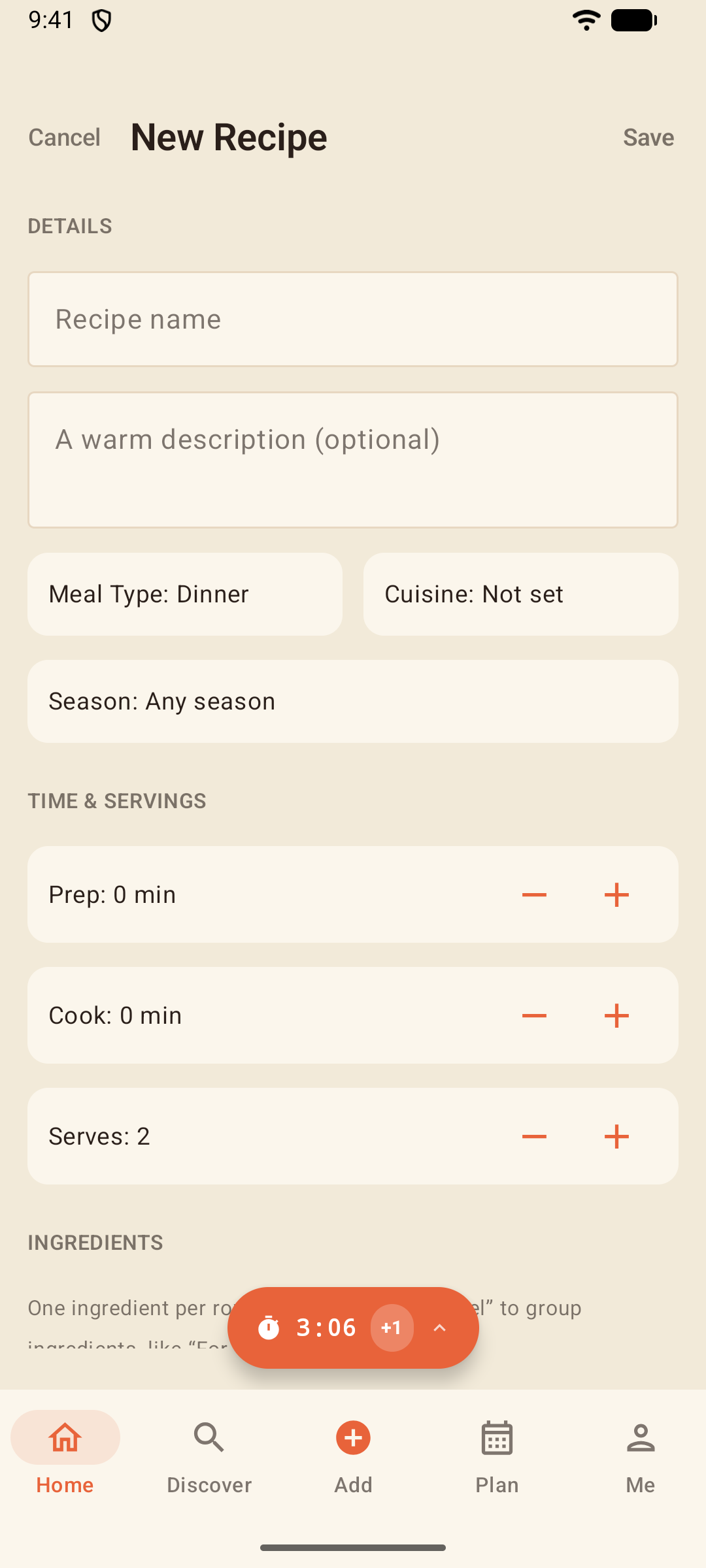 Recipe editor with structured ingredient and step rows