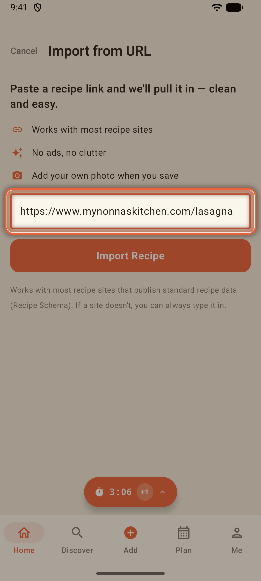Import from URL screen with a recipe link pasted in