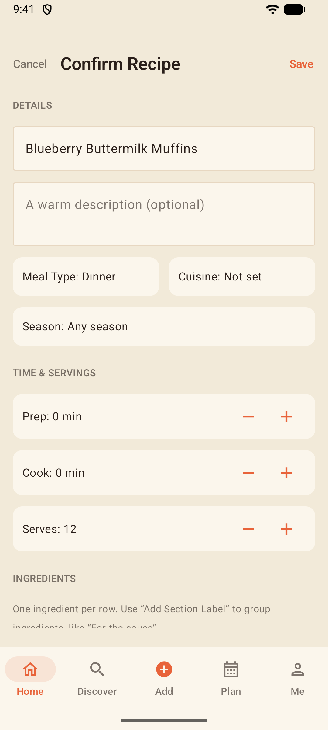 Confirm screen with the scanned recipe parsed into title, ingredients, and steps