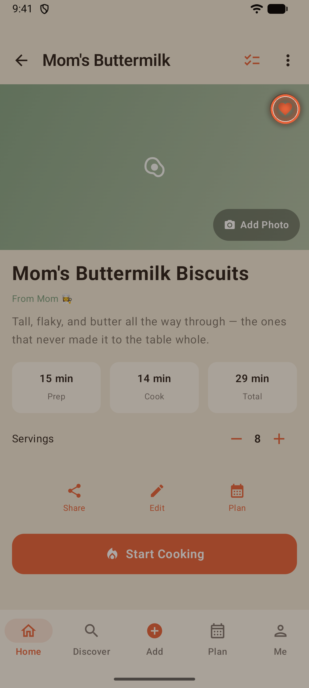 Recipe page with the photo area, favorite heart, lineage line, and time facts