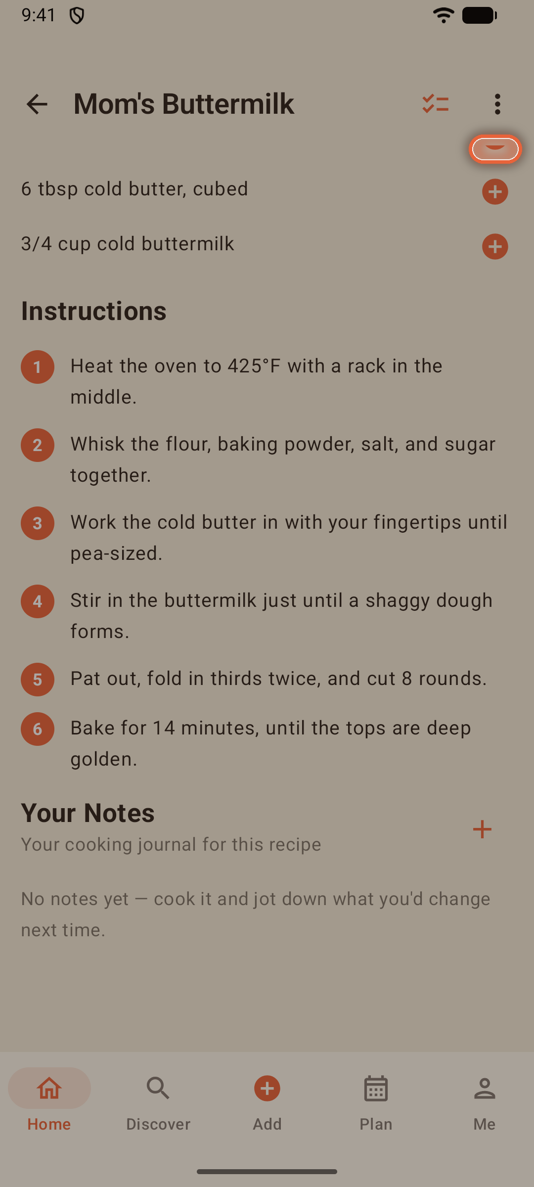 Ingredient list with per-row add-to-shopping controls and the servings stepper