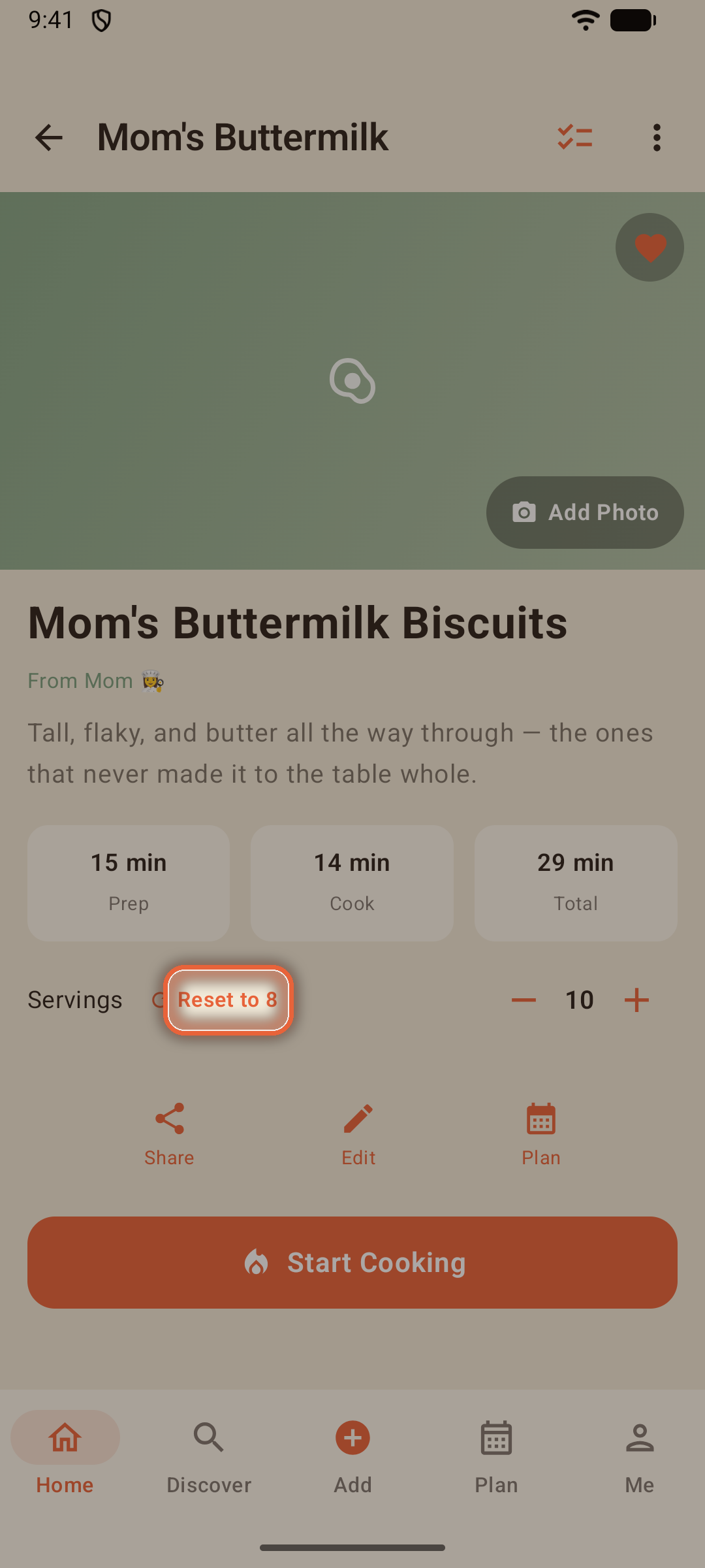 Servings stepped up with quantities rescaled and the Reset button showing