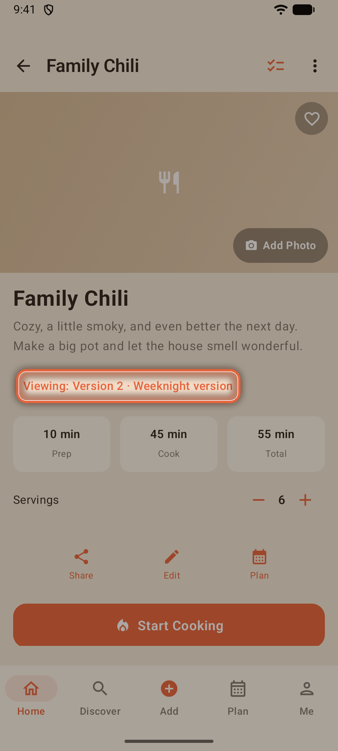 Recipe page of a recipe with more than one version