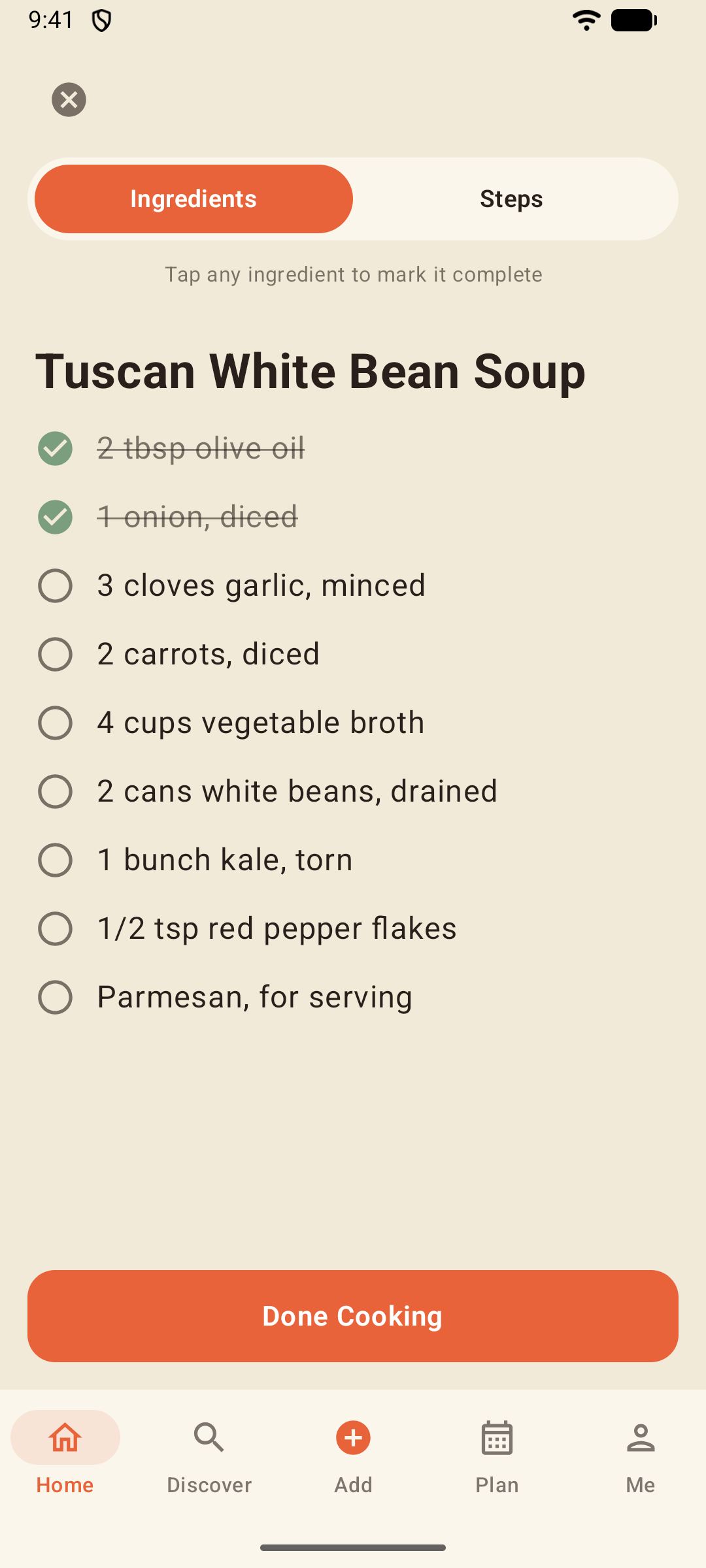 Cook Mode ingredient list with gathered items struck through