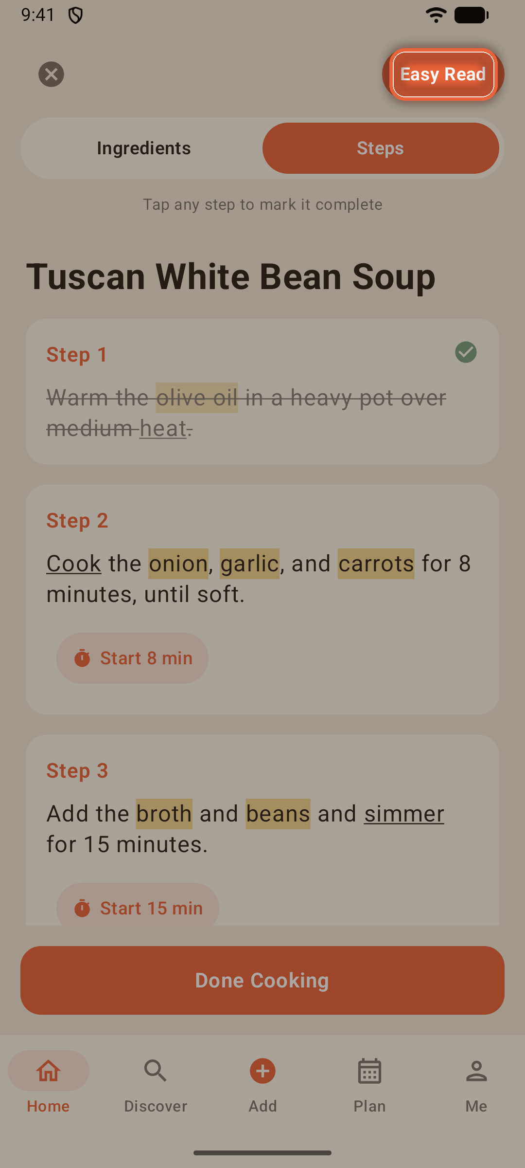 Easy Read turned on, highlighting ingredient phrases inside the steps