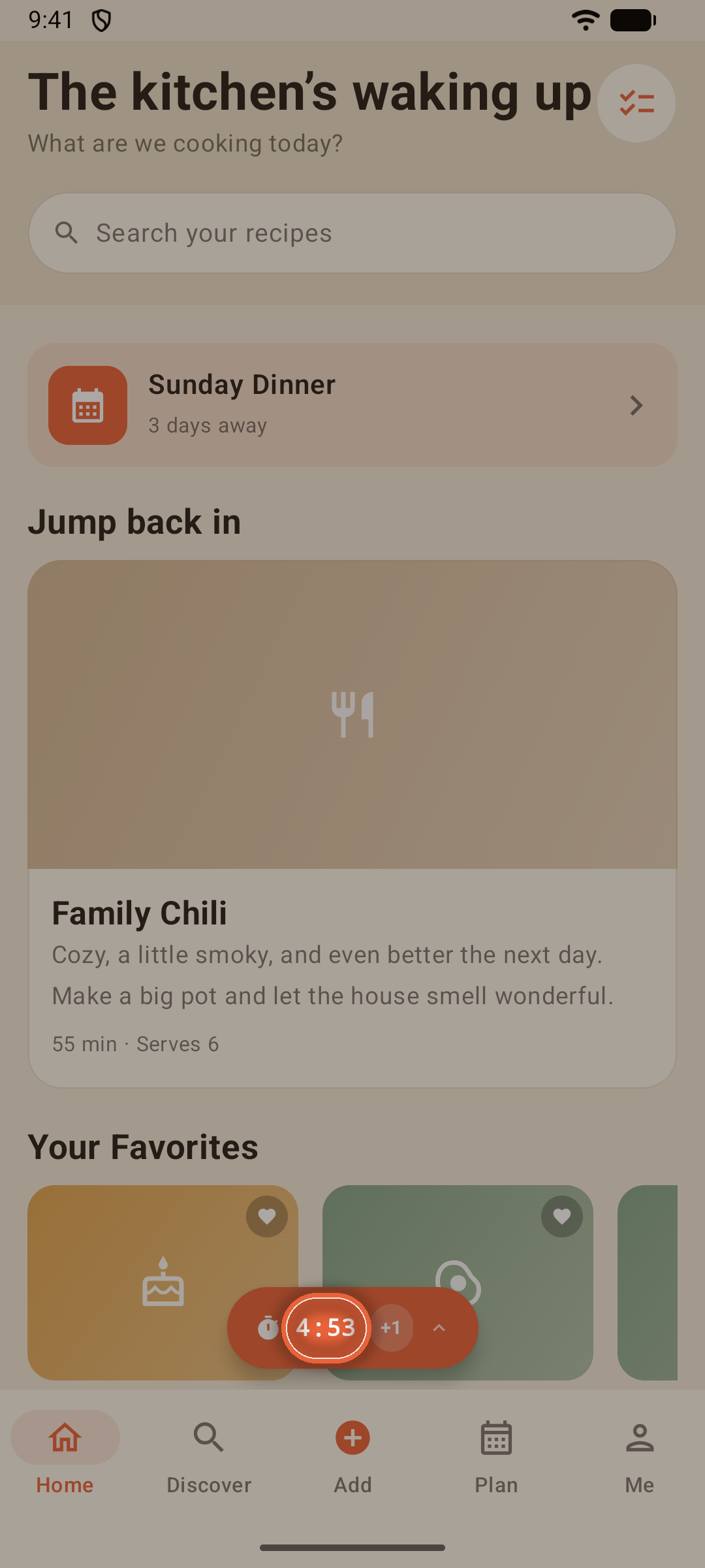 Home screen with the floating timer pill above the tab bar