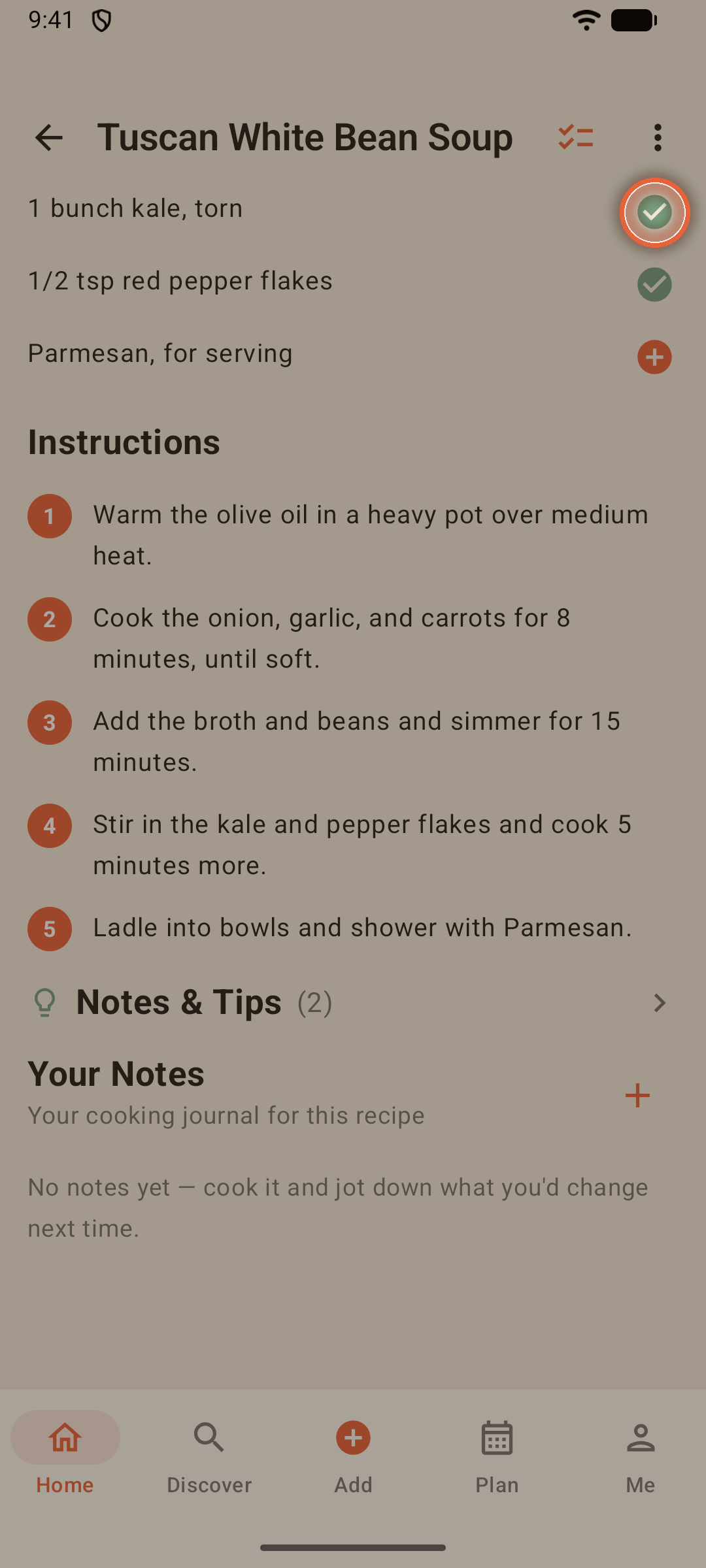 Ingredient rows with green checkmarks after adding them to the shopping list