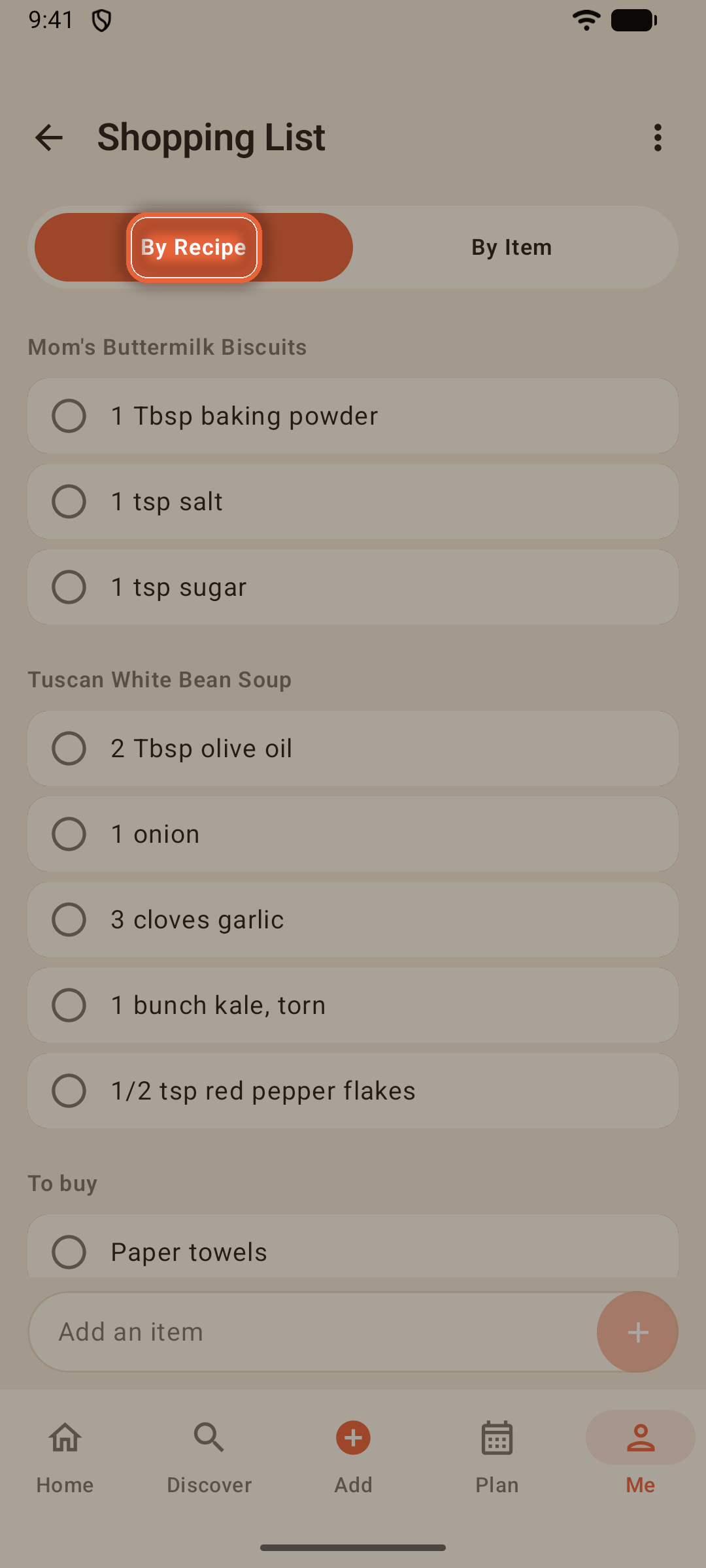 Shopping list grouped by recipe with the By Recipe and By Item toggle