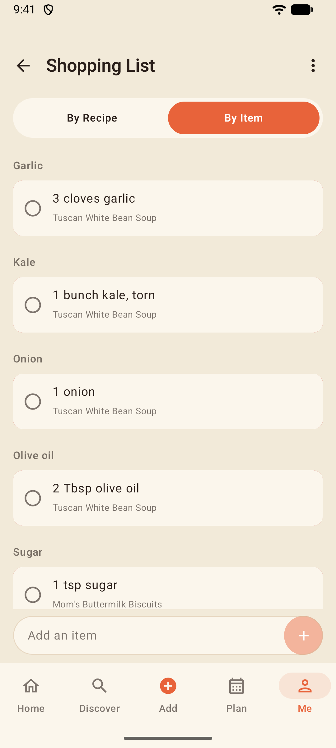 Shopping list grouped by item, combining the same ingredient across recipes