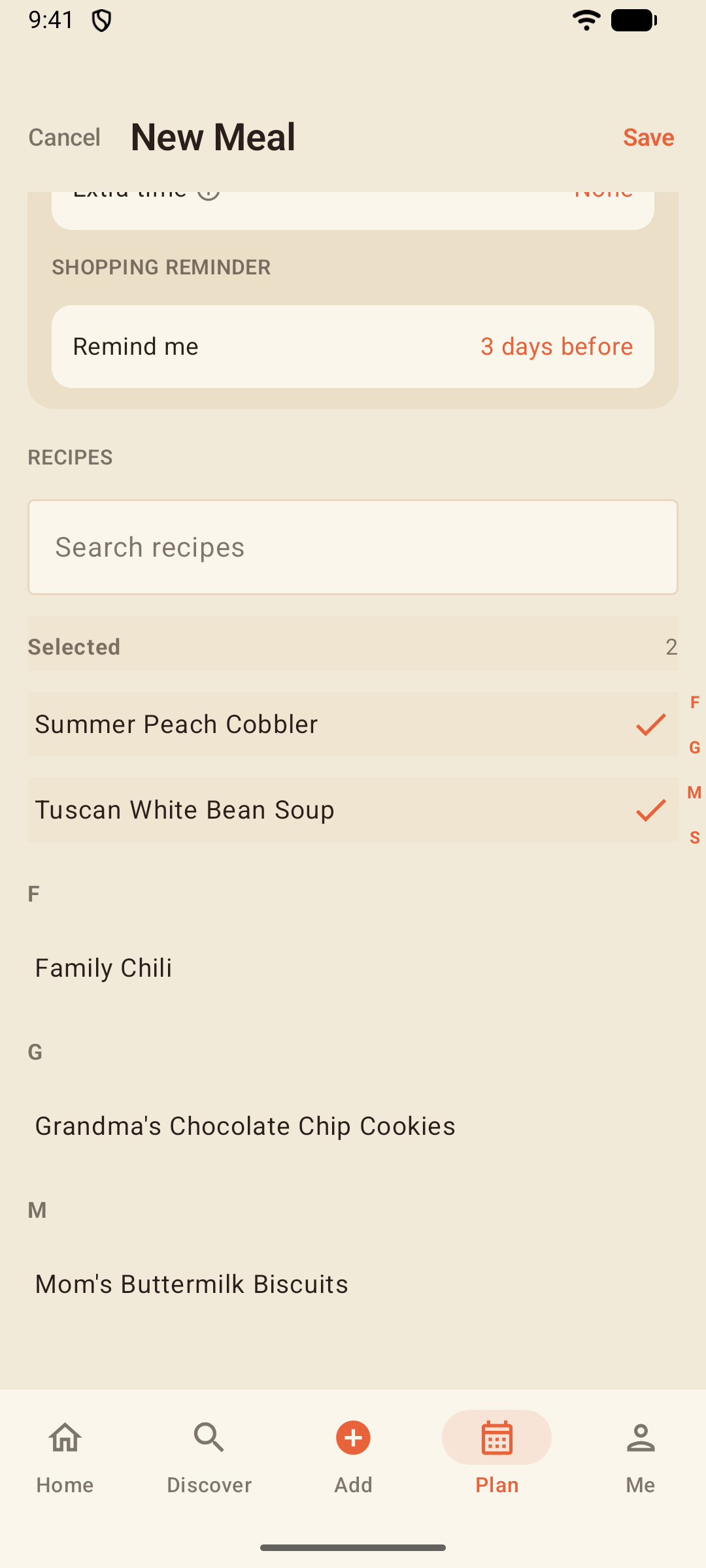 New Meal editor with the meal details band and recipes selected