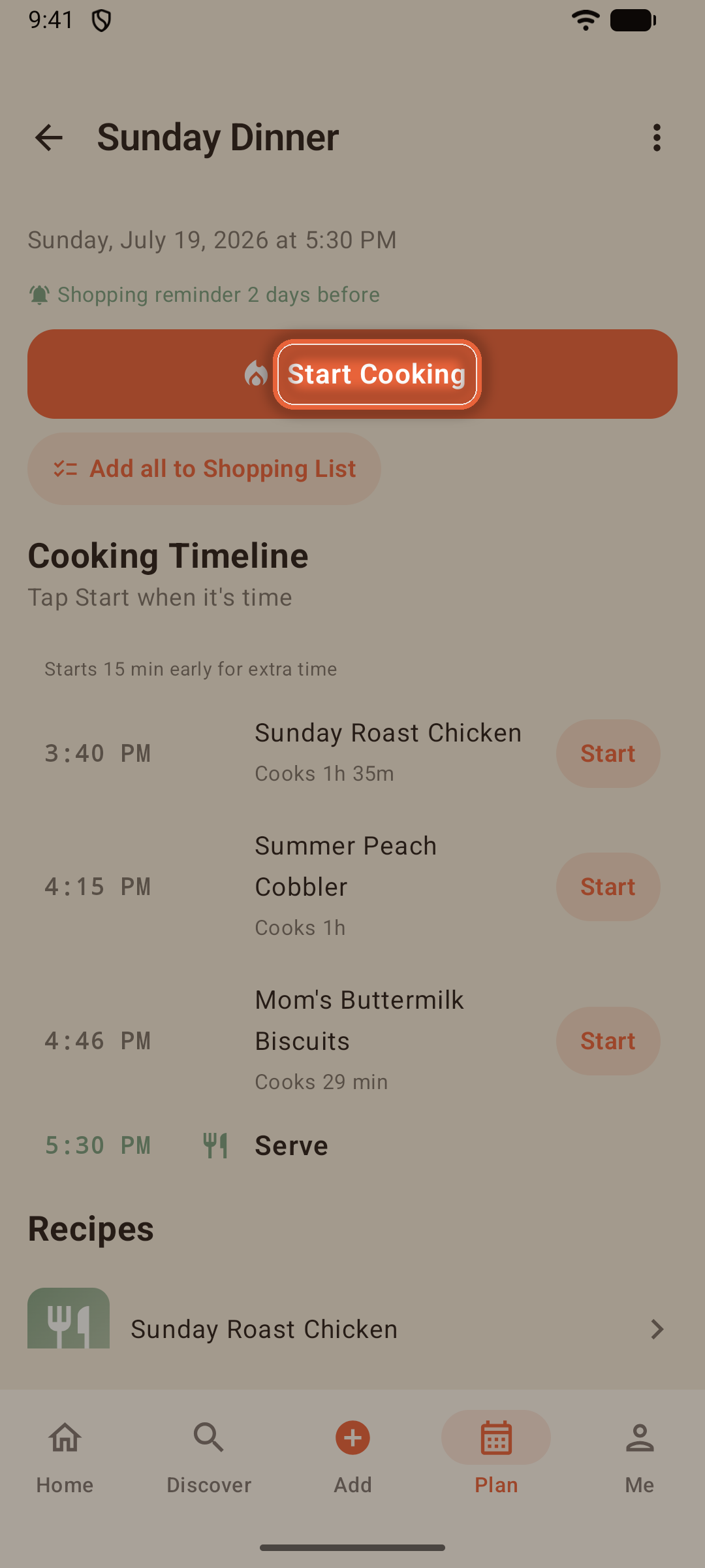 Cooking Timeline with staggered start times leading to the serve time
