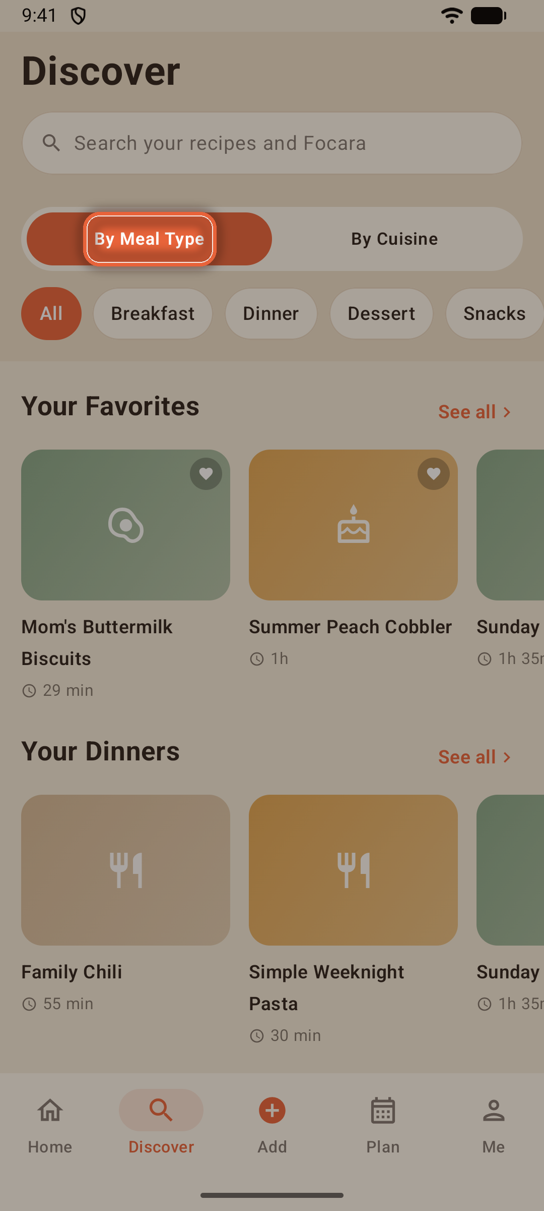 Discover tab with search, the By Meal Type and By Cuisine toggle, and recipe rails
