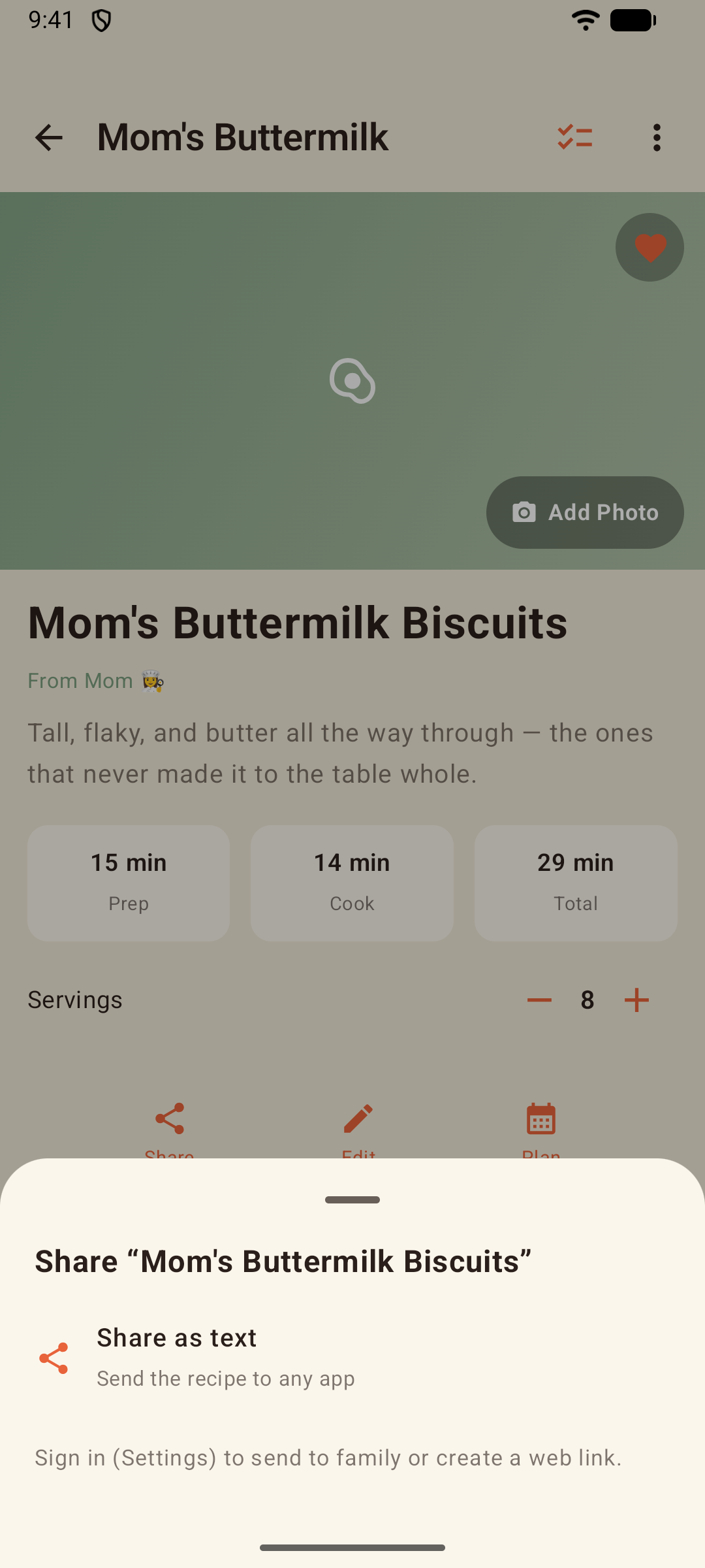 Sharing a recipe from the recipe page