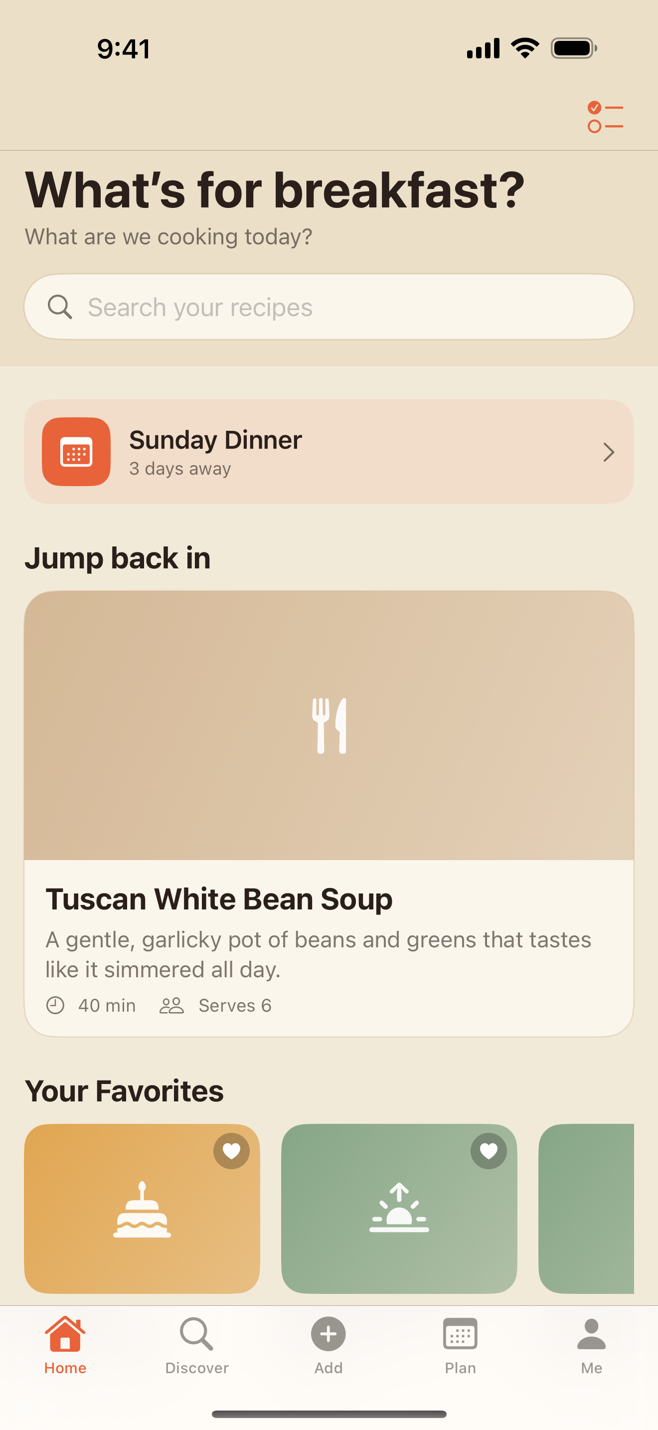 Home tab with the greeting, search field, Sunday Dinner meal-plan card, and recipe lanes