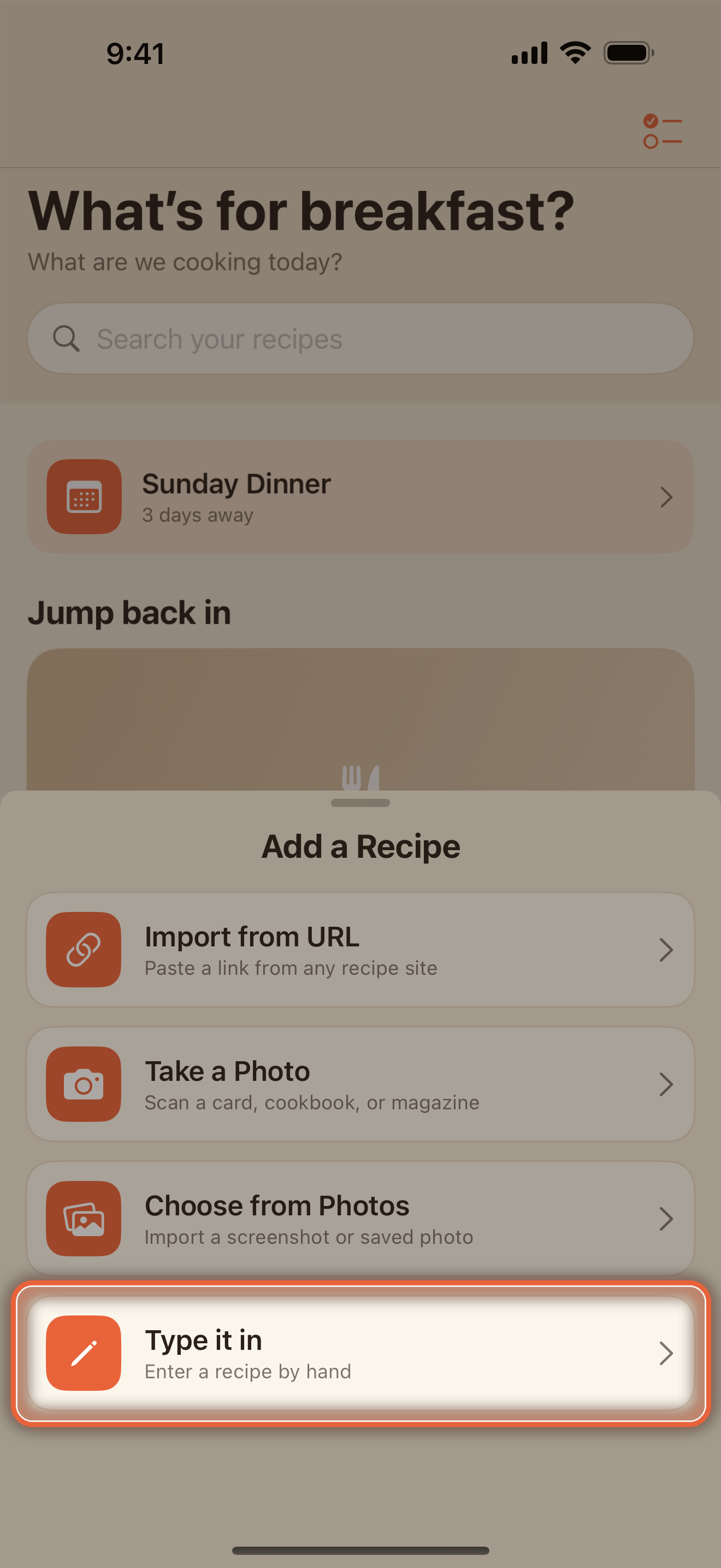Add drawer with the four ways to add a recipe, Type it in highlighted