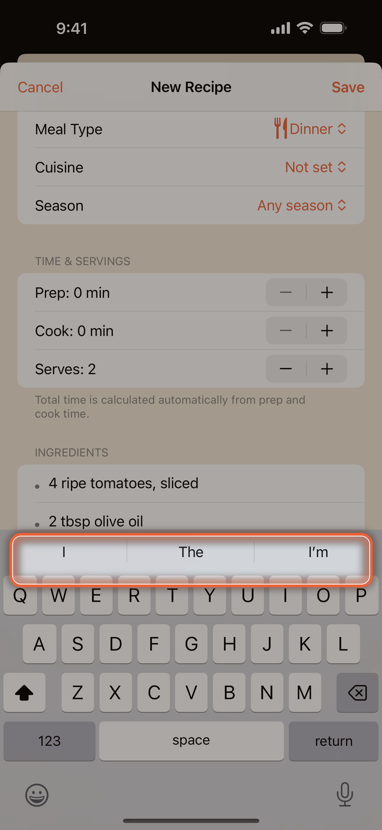 Recipe editor with structured ingredient and step rows