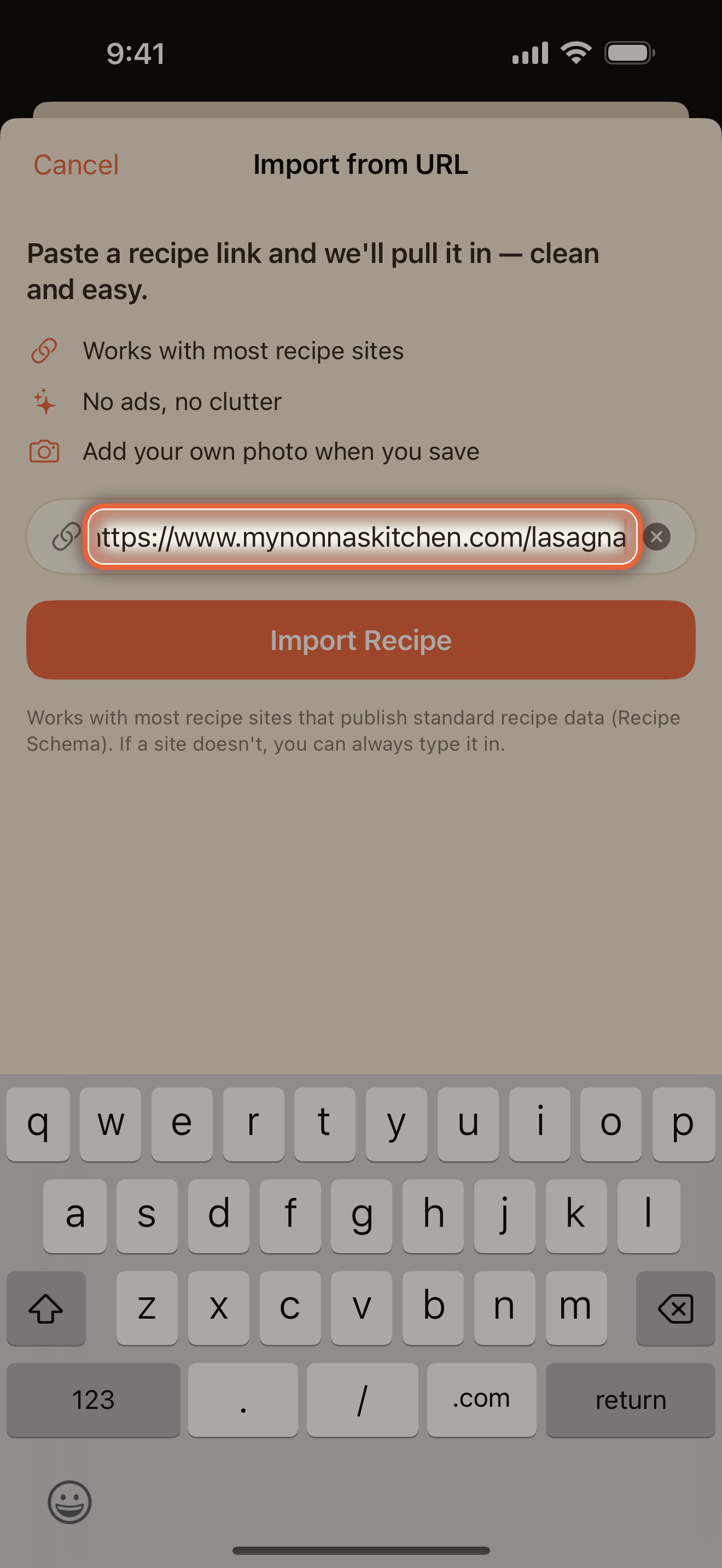 Import from URL screen with a recipe link pasted in