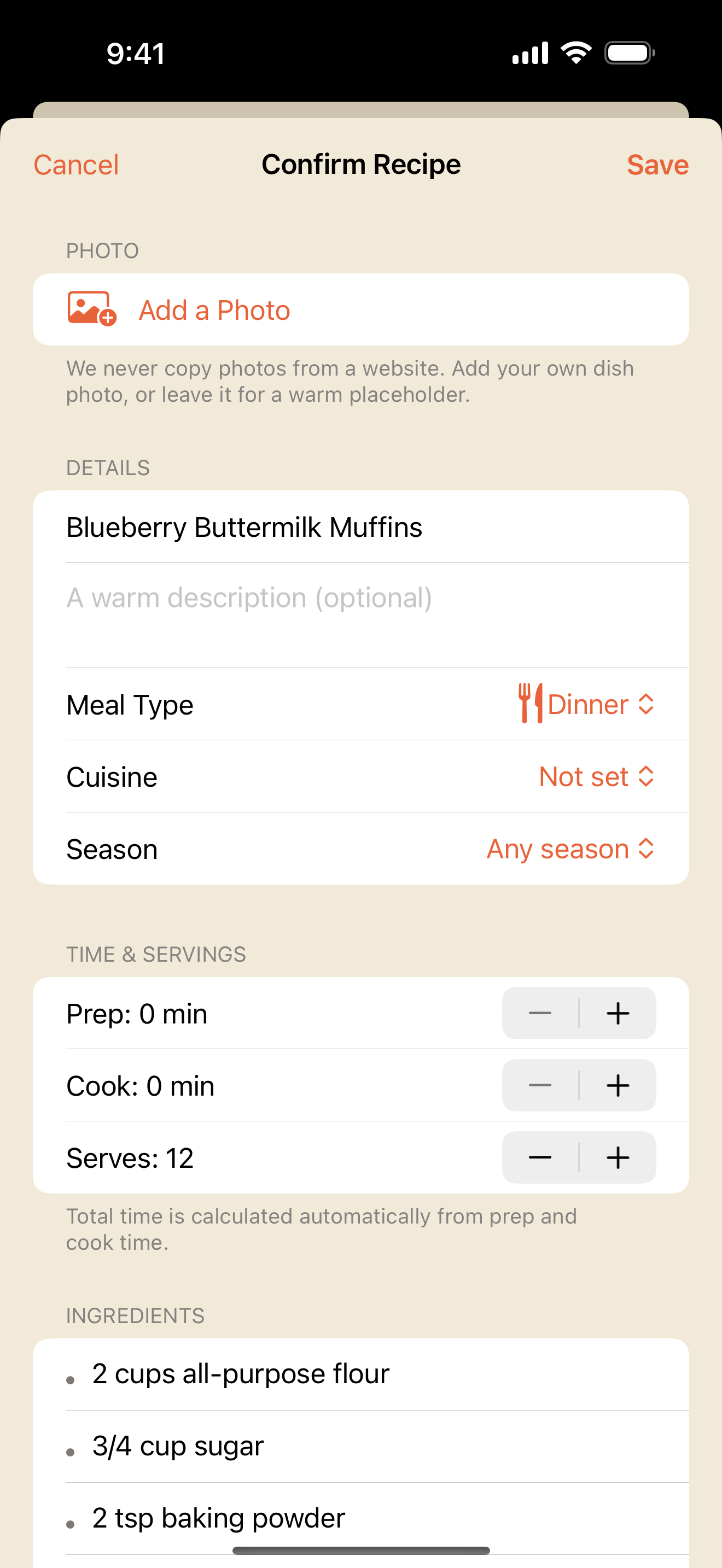 Confirm screen with the scanned recipe parsed into title, ingredients, and steps