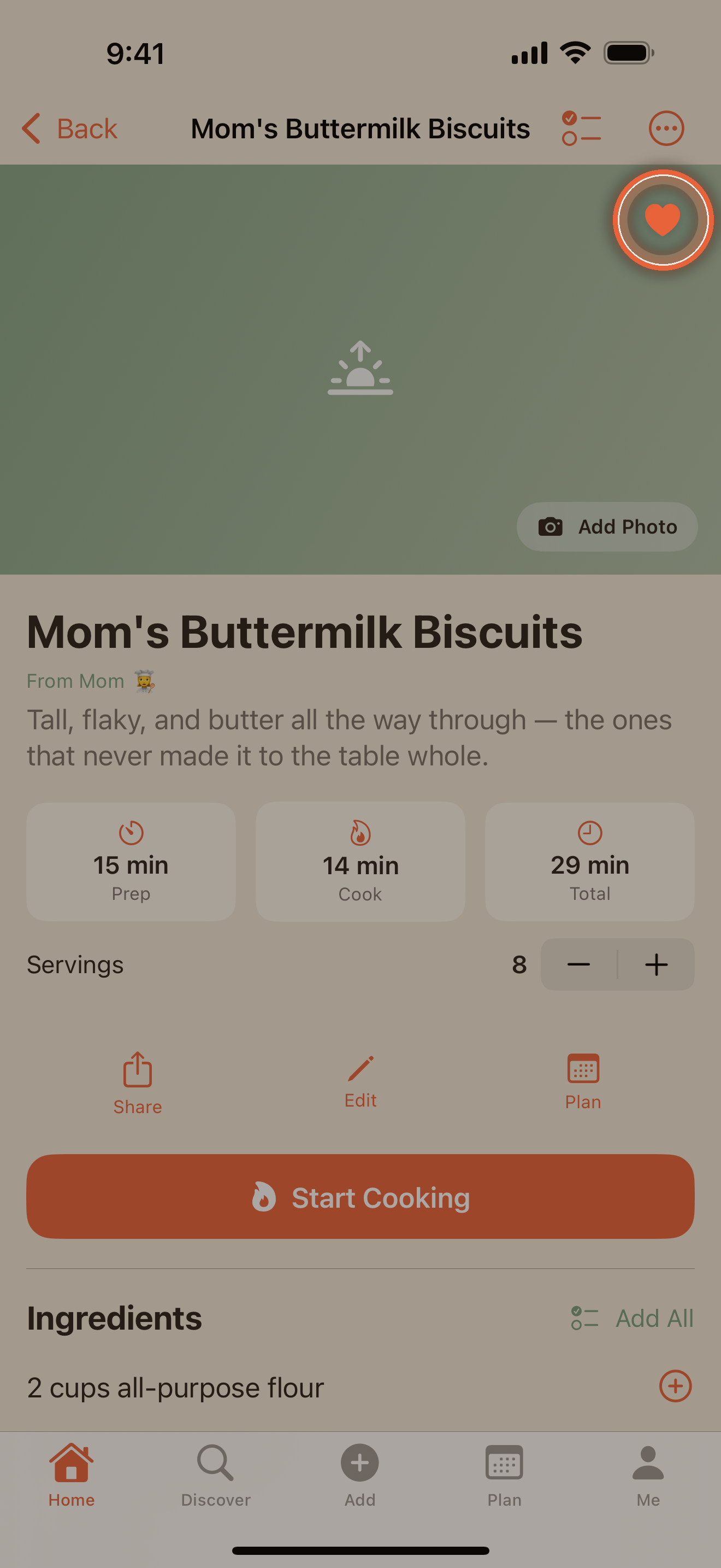 Recipe page with the photo area, favorite heart, lineage line, and time facts