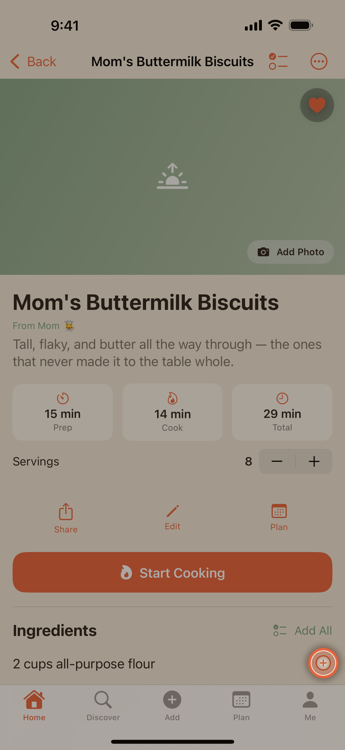 Ingredient list with per-row add-to-shopping controls and the servings stepper
