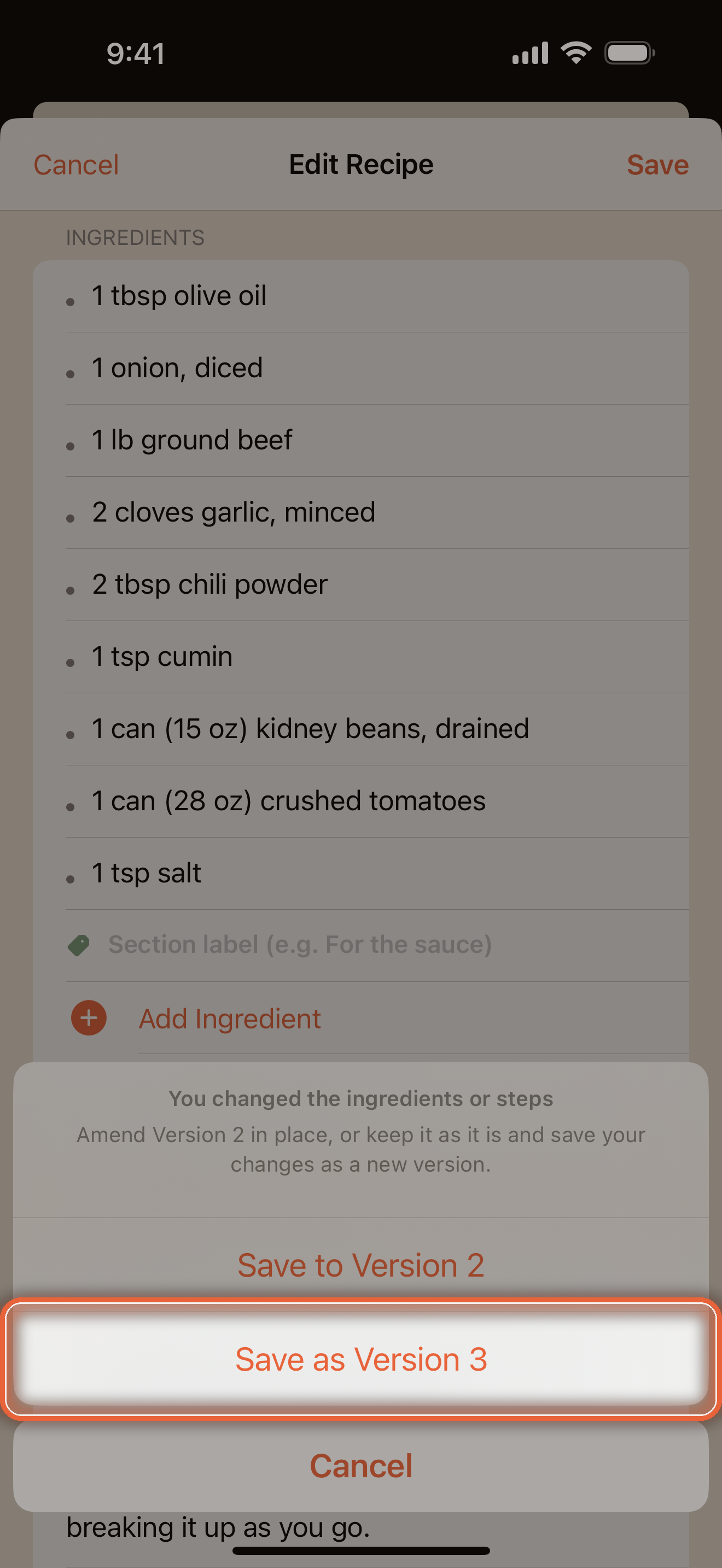 Save options offering Update the Original or Save as a new Version