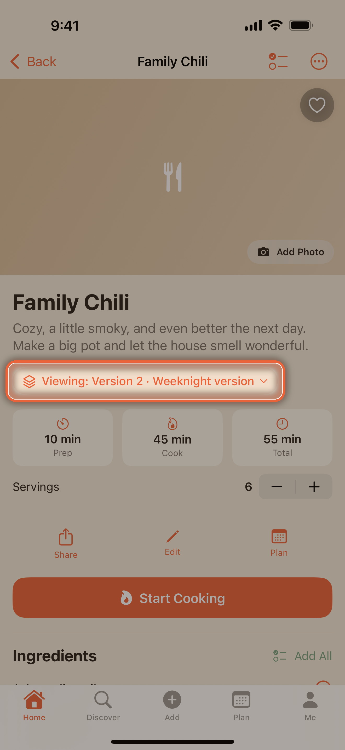 Recipe page of a recipe with more than one version