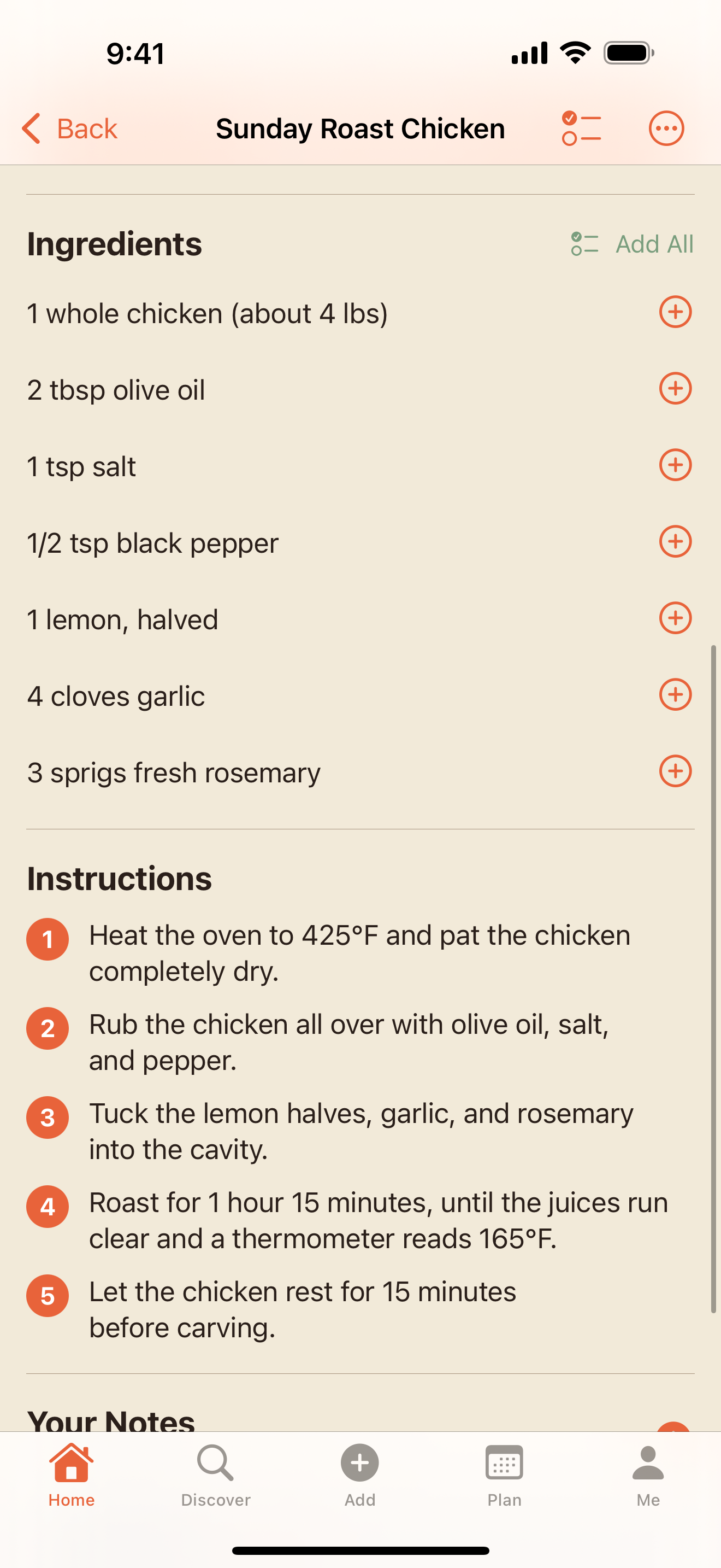 Your Notes cooking journal with a rated, dated entry