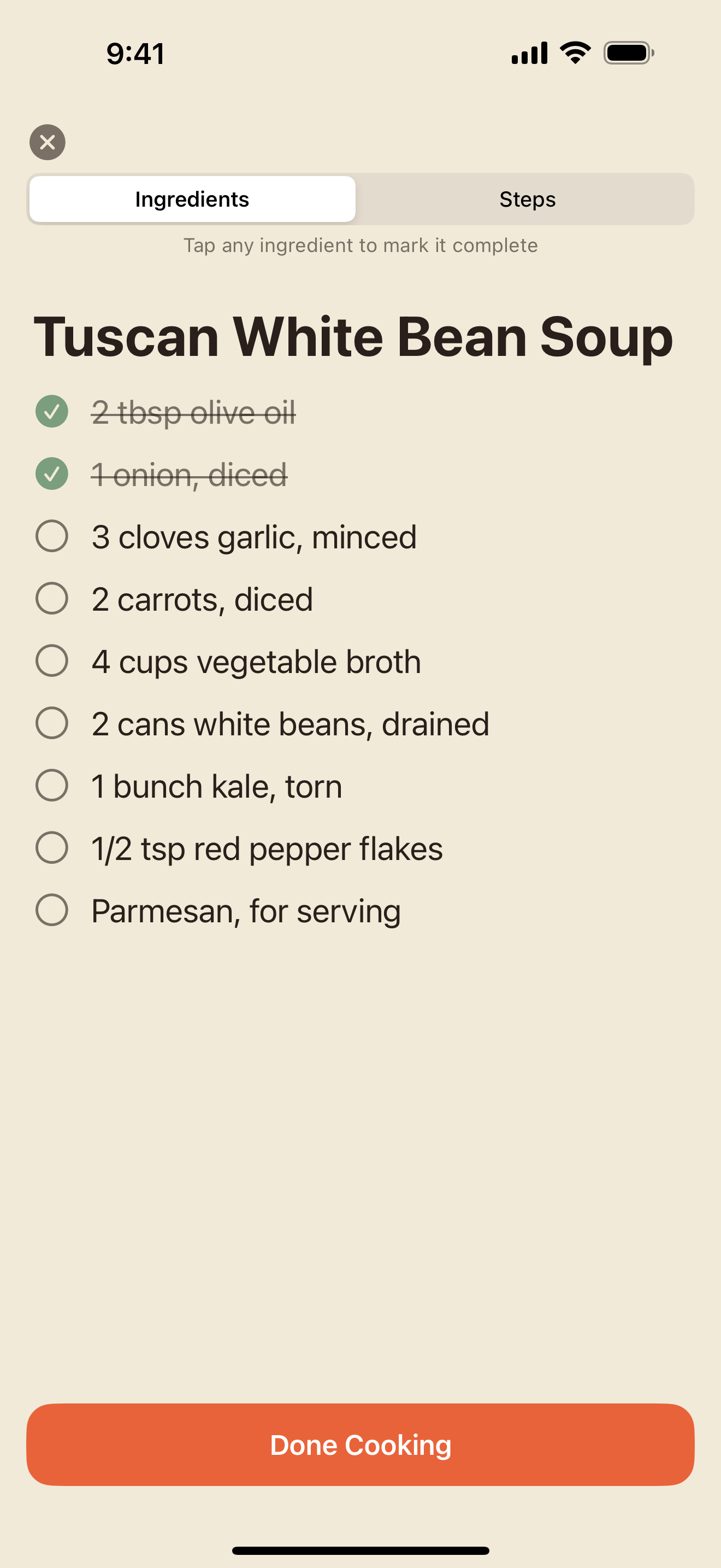 Cook Mode ingredient list with gathered items struck through