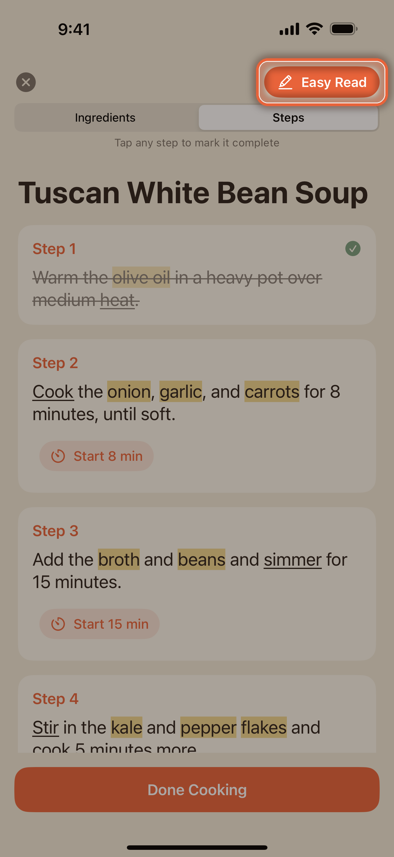 Easy Read turned on, highlighting ingredient phrases inside the steps
