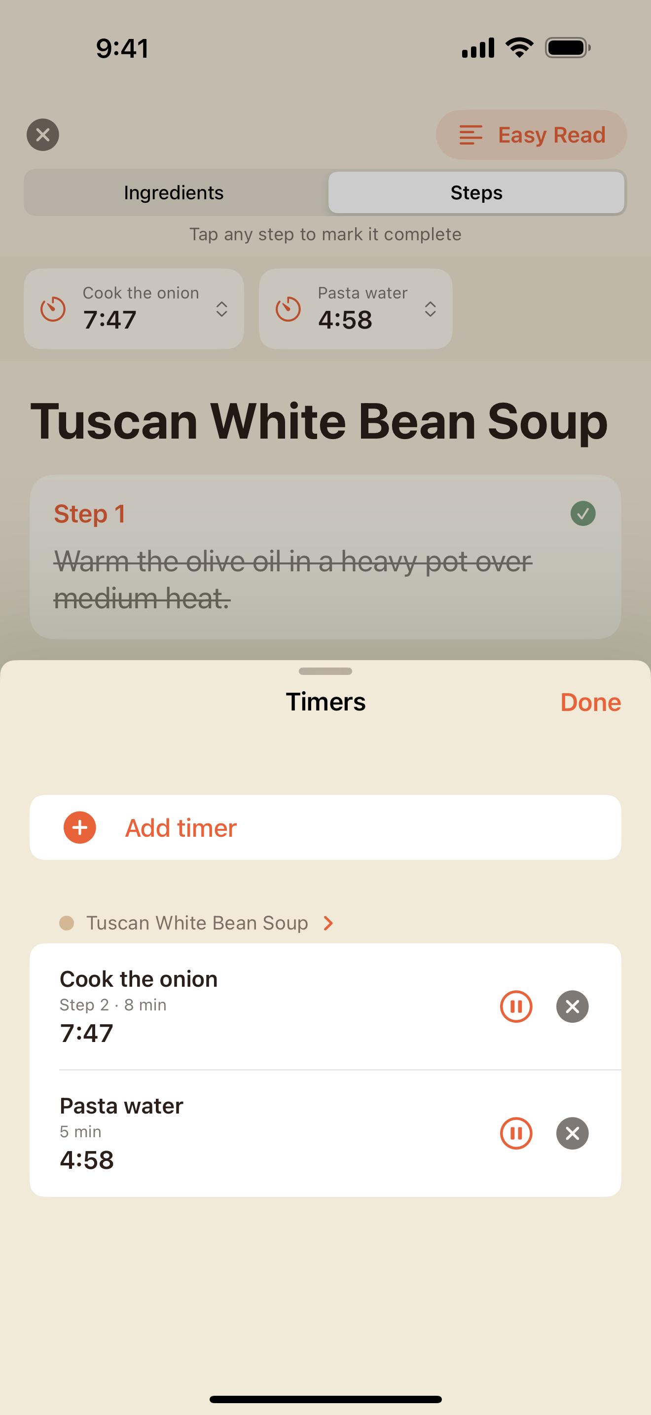 Timer tray listing named timers with their step labels and countdowns