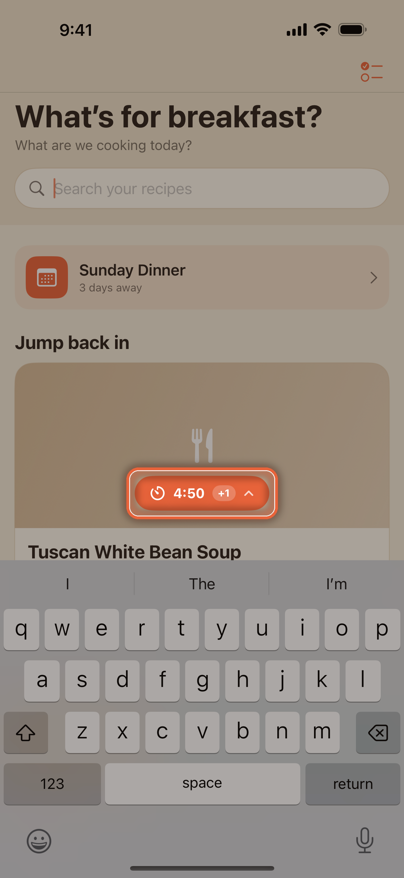 Home screen with the floating timer pill above the tab bar