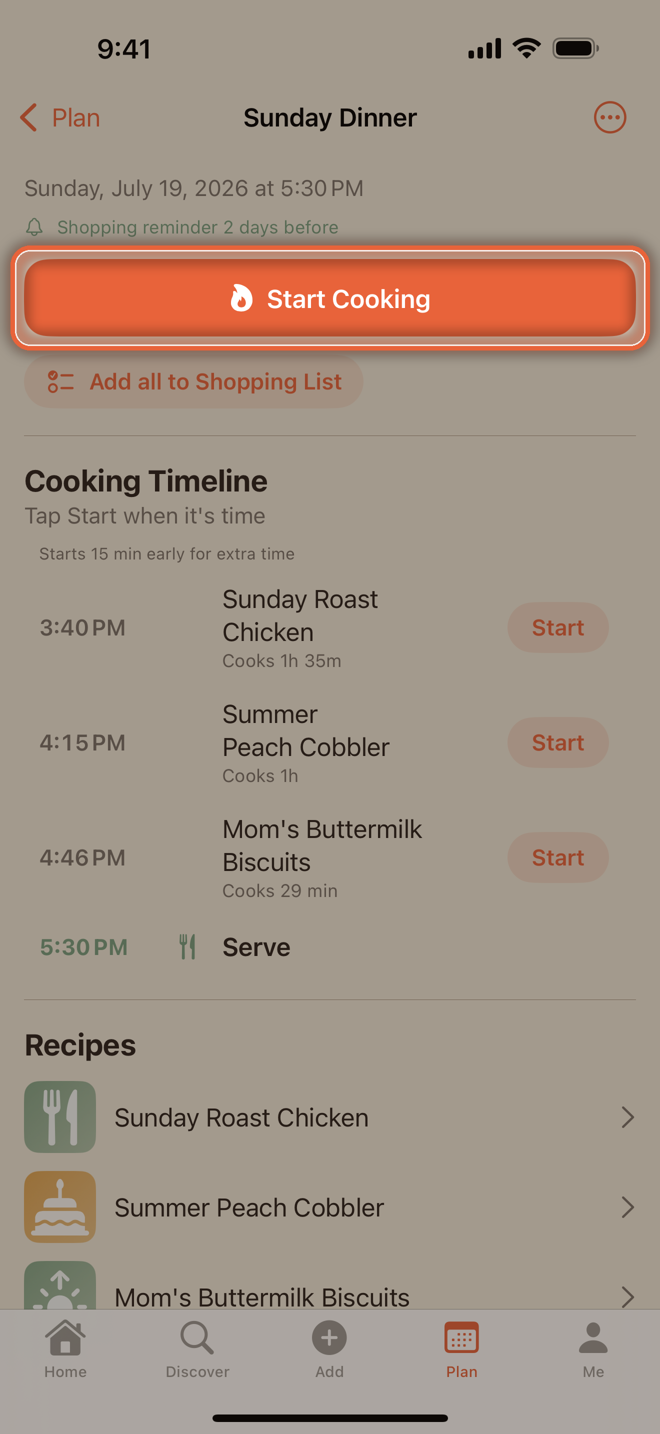 Cooking Timeline with staggered start times leading to the serve time