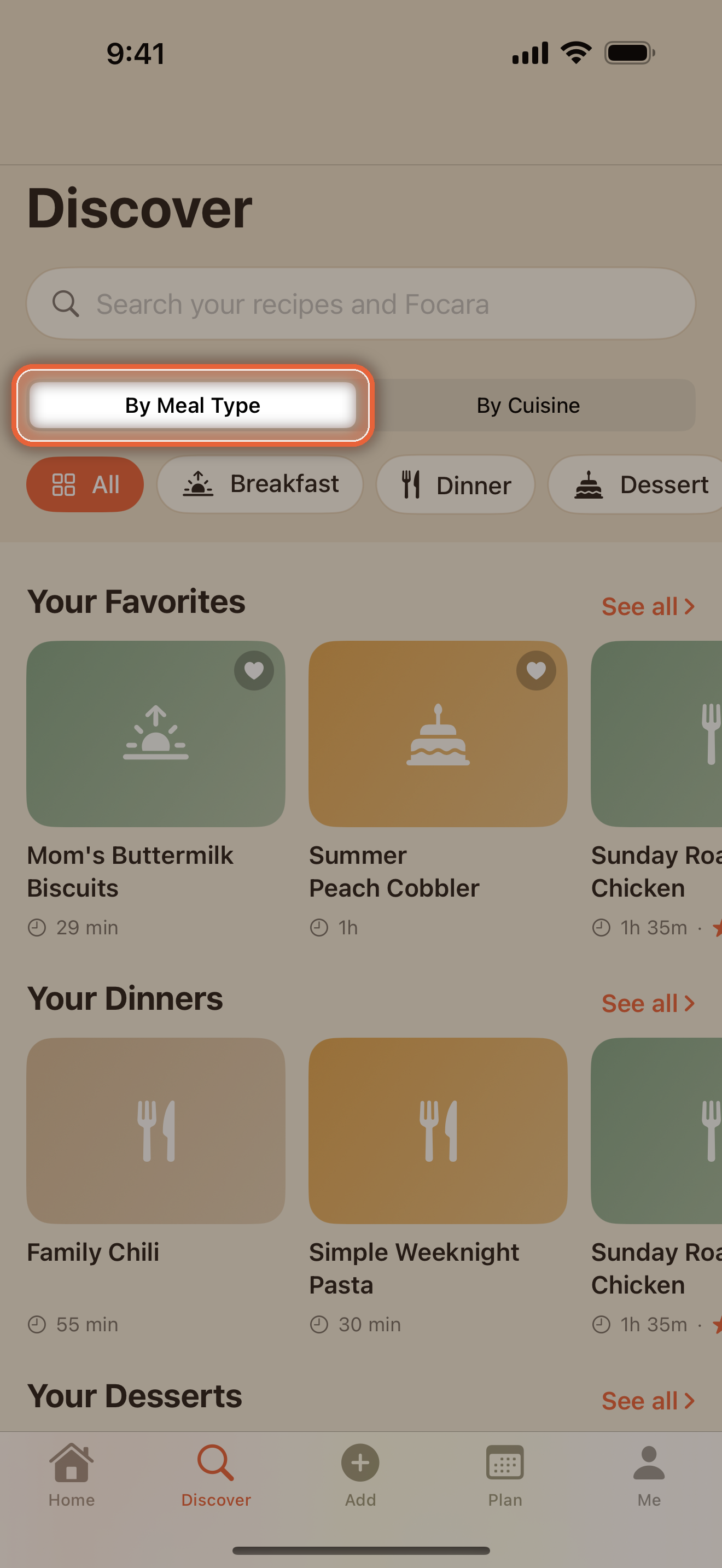 Discover tab with search, the By Meal Type and By Cuisine toggle, and recipe rails