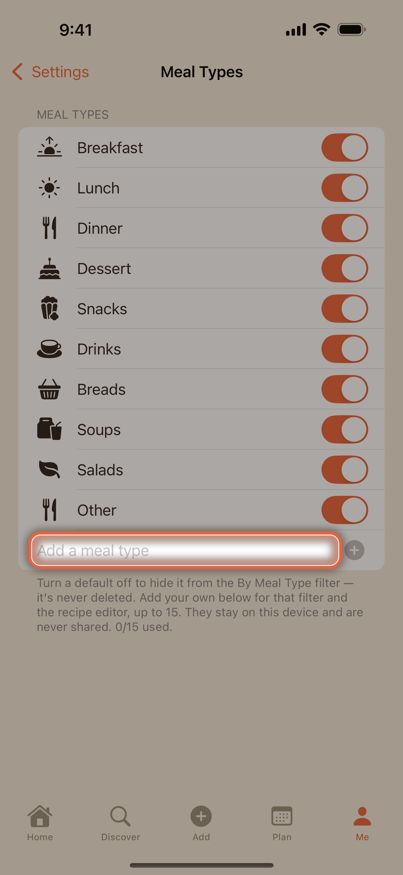 Meal Types screen with built-in types and a custom type