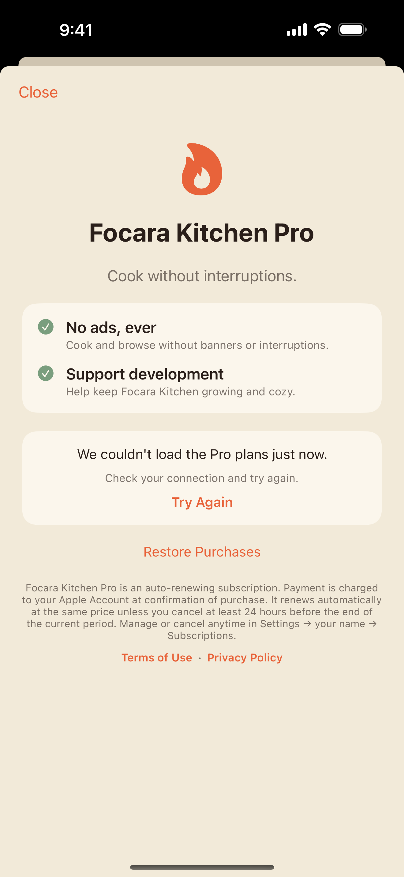 Focara Pro screen with monthly and yearly plans